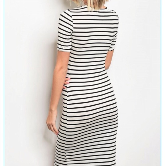 Aria Ivory Black Stripe Midi Bodycon Stretch Dress - Picture 2 of 3